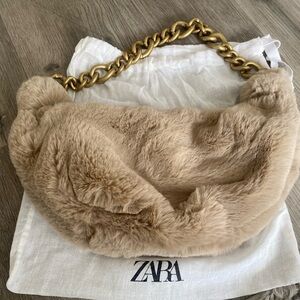 Zara Beige Faux Fur Shoulder Bag with Gold Chain